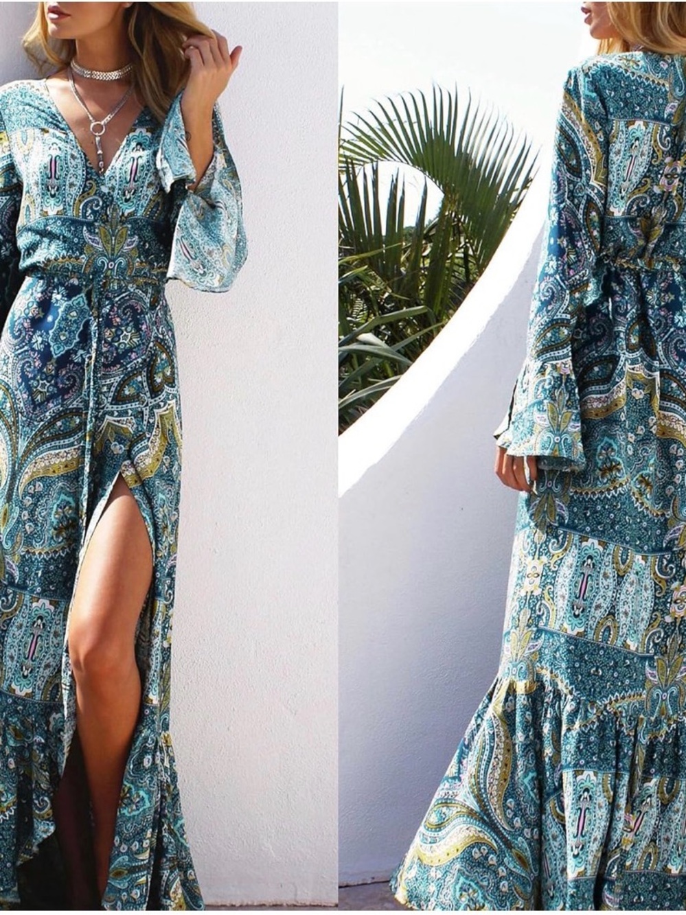 ❤️‍🔥BNWT❤️‍🔥 Boho Paisley Maxi Wrap Dress - Teal Blue - Picture 2 of 4